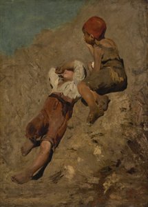 Bir yamaçta iki köylü çocuk by Franz von Lenbach