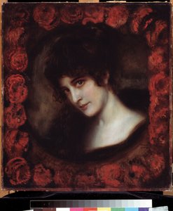 ""Bir Kadının Portresi"" (Bir Kadının Portresi) Yüzü güllerle çevrili, esmer genç bir kadın. Franz Ritter von Stuck (1863-1928) tarafından yapılan tablo 20. yüzyılın başlarında Puşkin Müzesi, Moskova by Franz von Stuck