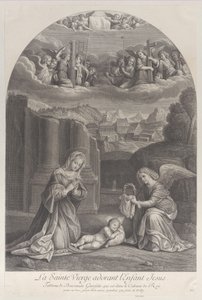 İsa çocuğuna tapan Meryem Ana, sağda dikenli bir taç tutan bir melek,..., yakl. 1729. by Frédéric Horthemels