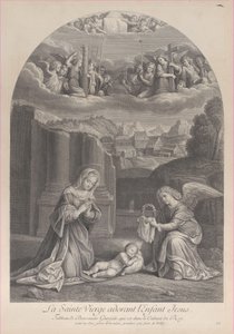 İsa çocuğuna tapan Meryem Ana, sağda dikenli bir taç tutan bir melek,..., yakl. 1729. by Frédéric Horthemels