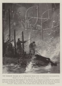 Portsmouth Limanı'nda Bir Denizaltının Yangından Dar Kaçış by Fred T. Jane