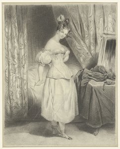 Genç kadın yatak odasında, korse korsesinin bağcıklarını çözüyor. by Frederic Bouchot
