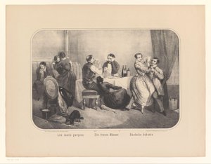 Bir iç mekanda kadın ve erkek grubu Les maris garçons / Die freien Männer / Bachelor hubants (nesne üzerindeki başlık) by Frederic Charles Wentzel (possibly)