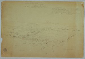 Çizim, Purese Yanardağı dahil Popayan yakınlarından görünüm, Cauca Nehri, Kolombiya, 8 Ağustos 1853 by Frederic Edwin Church