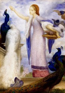 "Jene fille nourrissant les paons" Antik tarzda giyinmiş. Lord Frederic Leighton (1830-1896) (preraphaelite) tarafından yapılmıştır. by Frederic Leighton