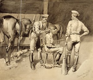 Süvari Ahırında Saç Kesimi, c.1893 (kağıt üzerinde wc) by Frederic Remington