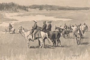 Baş-Sularda--Burgess Finding a Ford, yakl. 1893. by Frederic Remington