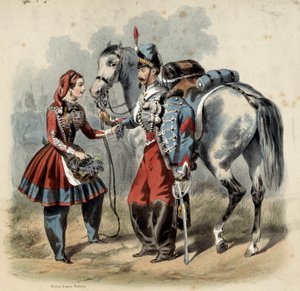 Fransız ordusu ve kantinleri: Hussard ve cantiniere de troupe de line. Gravür Frederic Sorrieu (1807 -? )