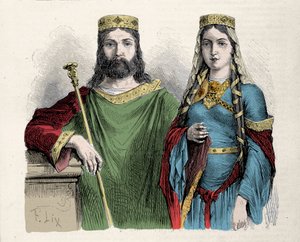 Clovis (481-511) ikinci eşi Saint Clotilde (Clothilde) kraliçesi ile Frank kralı. Lix tarafından gravür.
