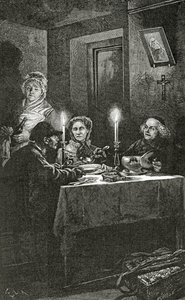 Jean Valjean, Piskopos Myriel tarafından karşılanır ve bakılır, 19. Yüzyıl (bw gravürü)
