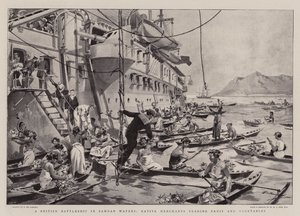 Samoa Sularında Bir İngiliz Savaş Gemisi, Meyve ve Sebze Ticareti Yapan Yerli Tüccarlar by Frederic de Haenen