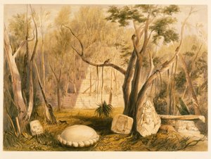Copan'da Piramit Yapısı ve Heykel Parçası, John Lloyd Stephens tarafından 'Orta Amerika, Chiapas ve Yucatan'da Seyahat Olayları'ndan bir çizim, 1844