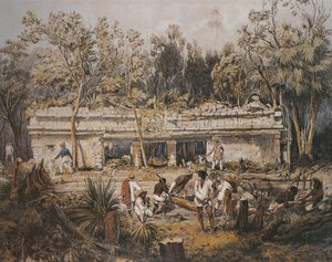 Arkeologlar Frederick Catherwood ve John Lloyd Stephens, Tulum, Yucatan, Meksika tapınağını ölçerken, 