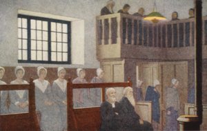 Quaker azizleri: Bir Dostlar Toplantısı (renkli taş baskı) by Frederick Cayley Robinson