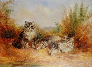 Kırsal Bir Peyzajda İki Tekir Kedi (gemide yağ) by Frederick French