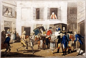 Inn Yard, Calais, pub. William Holland, Londra, 1790 (el boyaması aquatint) by Frederick George Byron