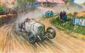 1914 Grand Prix sırasında büyük mücadelelerinde Alman Mercedes ve Boillot ile Fransız Peugeot ile Lautenschlager (renkli litho)