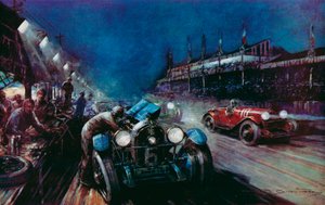 Başarılı Lorraine-Dietrich arabalarından biri, Le Mans 24 saat yarışında (renkli lito) gece koşusu sırasında pite yeniden doluyor