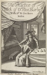 Bir iç genç kadınla doktor Başlık sayfası: Dekkers, F., The Practice of Phisick of Dr. Paul Barbett by Frederick Hendrick van den Hove