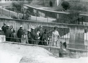 Sir Peter Chalmers Mitchell, Etiyopyalı Naip Haile Selassie ve maiyeti ile Mappin Teraslarında Boz Ayıyı seyrederken, Londra Hayvanat Bahçesi, 1924 by Frederick William Bond