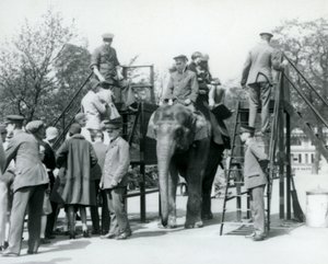 Ziyaretçiler Fil Gezintisi için sıraya girerken diğerleri gemiye biniyor, beş bekçinin yardımıyla, Londra Hayvanat Bahçesi, 1927 by Frederick William Bond