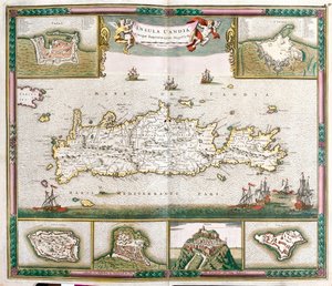Müstahkem kasabalar La Cane ve Kandiye ve Spinalonga, Retino, Thine ve Souda kalelerinin manzarasına sahip Girit adasının haritası (gravür by Frederick de Wit