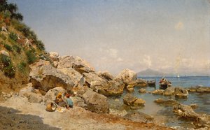 Sahilde, Arka Planda Vezüv ile Capri by Frederico del Campo