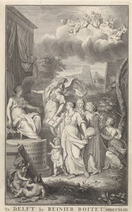 Minerva ve Tahtlı Bir Figür için Sanat Başlık sayfası: The Groot Natuur- en Zedekundigh Wereldtoneel, Delft, R. Boitet, 1743