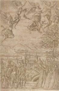 Bir Kral ve Maiyeti, Göksel Bir Savaşta Leydilerle Karşılaşıyor by French 17th Century
