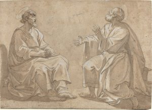 İki Oturan Aziz by French 17th Century
