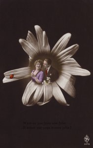 Uğur böceği ile bir çiçeğin ortasında genç bir çift (renkli fotokolaj) by French Photographer