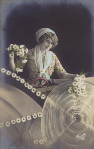 Elinde bir sürü çiçek tutan ve bir fabrikada çalışan genç bir kadın (renkli fotokolaj) by French Photographer