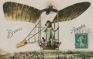 Uçaktaki bir kızın yılbaşı tebrik kartı, 1913 (el boyaması fotoğraf) by French Photographer
