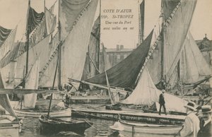 Yelkenli teknelerle liman manzarası, St Tropez, Cote dAzur. 1913 yılında gönderilen kartpostal. by French Photographer
