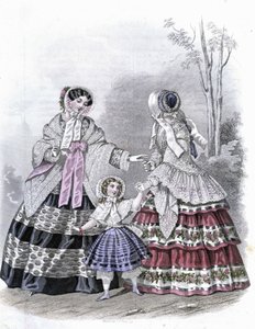 Yürüyüşte bir kızı olan 2 moda kadın - “Journal des Demoiselles” 1852