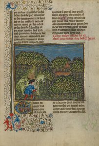 Kamuflajlı Süvari ve Geyiğe Yaklaşan Okçu, c.1430-40 (tempera, altın ve gümüş boya ve parşömen üzerine altın varak) by French School