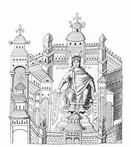 Kont Horace de Viel-Castel (1798-1864) tarafından kopyalanan bir el yazmasındaki minyatürden sonra, tüm insan ırkına hitap eden Bilgeliği kişileştiren sarayında bir Carlovingian kralı by French School