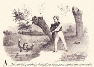 C: Komşu sevgisi, bir yoldaşını kurtarmak için kendini suya atar. by French School
