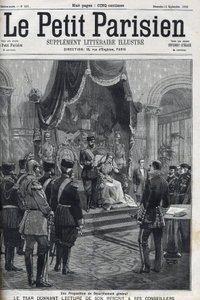 Genel Silahsızlanma Önerisi (Avrupalı Güçlere yapılmıştır) - Çar II. Nicholas (1868-1918) onun reçetesini danışmanlarına okuyor. Le Petit Parisien by French School