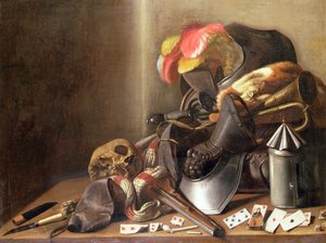 Kafatası, Oyun Kağıtları ve Zırhlı Bir Vanitas Natürmort, c.1650 (tuval üzerine yağlı boya) by French School