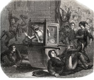 Bir şakacı grubu, Karnaval için bir kostüm olan Marie-Therese (Marie Therese) Le Vasseur (Levasseur) (1721-1801) tekerlekli sandalyesinde ilerlemekten alıkoyuyor. O eski sevgililerden birinin intikamının kurbanı. 1871 tarihli “Histoire Des Cocus C”deki gra by French School
