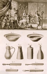 Bir berber dükkanı ve berber aletleri, Denis Diderot (1713-84) tarafından yayınlanan Encyclopedie des Sciences et Metiers