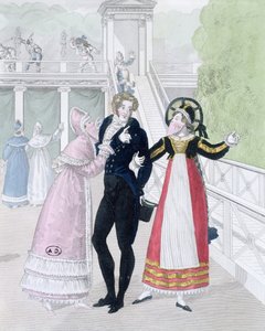 Le Bon Genre serisinden iki maskeli kadının kur yaptığı bir züppe (el boyaması gravür) by French School