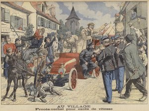 Bir köyden geçerken hız yaptığı için polis tarafından durdurulan bir sürücü (renkli gravür) by French School