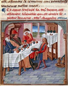 Bir adam, muhtaç durumdaki bir yoksulla masasını paylaşıyor Minyatür “Le livre de bonnes moreurs de Jacques Legrand” 1490 Chantilly, Musee Conde by French School