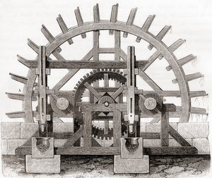 Bir toz değirmeni ve su çarkı, 19. yüzyıldan kalma bir çizimden sonra, Les Merveilles de la Science
