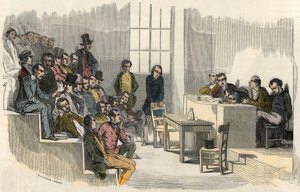 19. yüzyılda Paris'te Sorbonne'da bir araya gelme yarışmasının bir oturumu - Edmond Texier 1852'nin “Tableau-de-Paris”inde Gravür by French School
