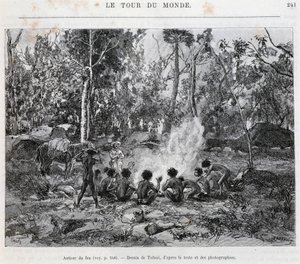 Aborjinler, bir yerleşimcinin gözetiminde, ateşin etrafında - “Tour du Monde” da” by French School