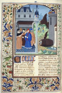 Ekle. 11696, f.136v Boccaccio gözlemci işkence, Giovanni Boccaccio'nun 'Le Livre des Cases des Nobles et Illustres Hommes' kitabından, c.1470 (parşömen üzerine mürekkep, renk ve altın) by French School