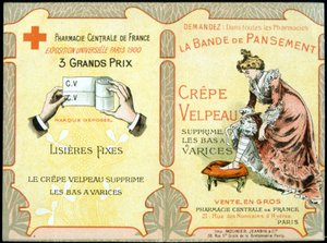 “” Velpeau Krep Pansuman Bandı varis çoraplarını çıkarır” reklam kartı. SD. 19. yüzyıl. by French School